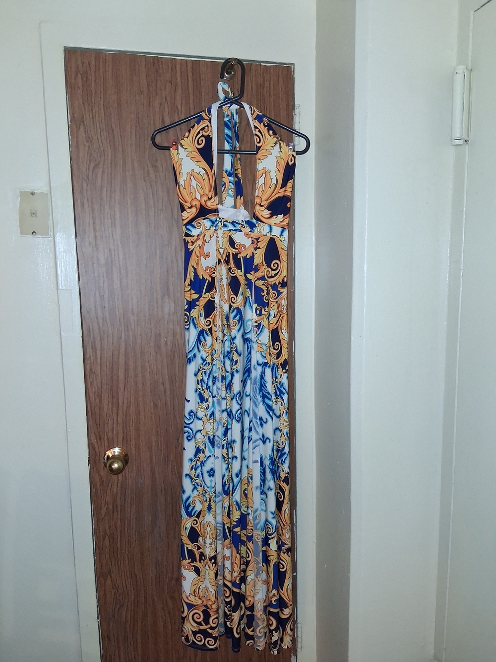 Fashion Nova Blue and Gold Print Halter Maxi Dress